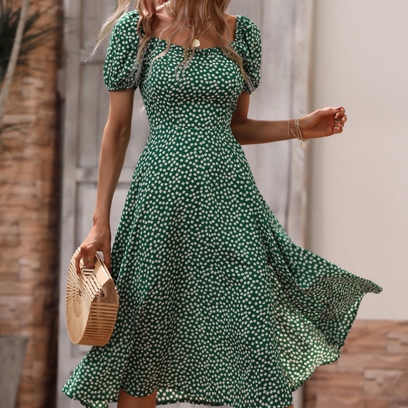 Bohemian Floral Print Puff Sleeve Midi Dress - Picture 3 of 13